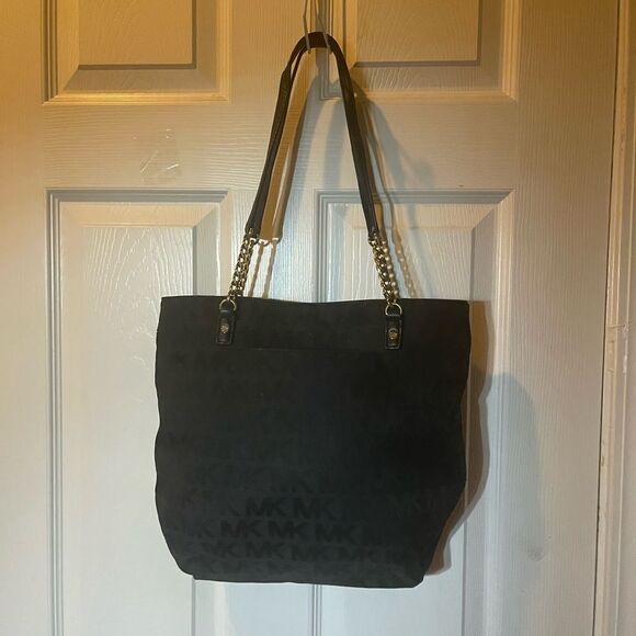 Michael Kors Black Fabric Signature Monogram medium tote gold tone chain straps - Picture 3 of 16